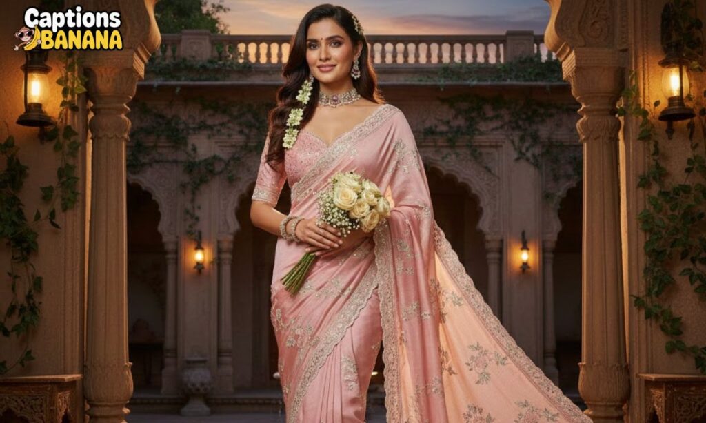A graceful woman wearing a soft pink embroidered saree, holding flowers in a royal courtyard at sunset—perfect inspiration for Saree Captions for Instagram.
