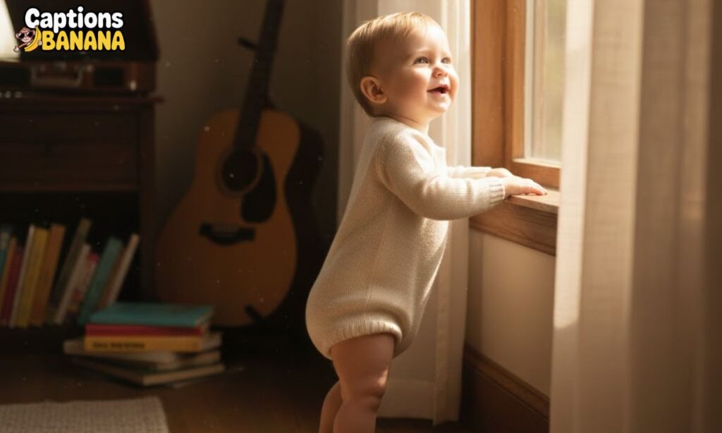Adorable 11 months old baby standing by the window, glowing in sunlight – perfect 11 Months Old Baby Captions for Instagram.