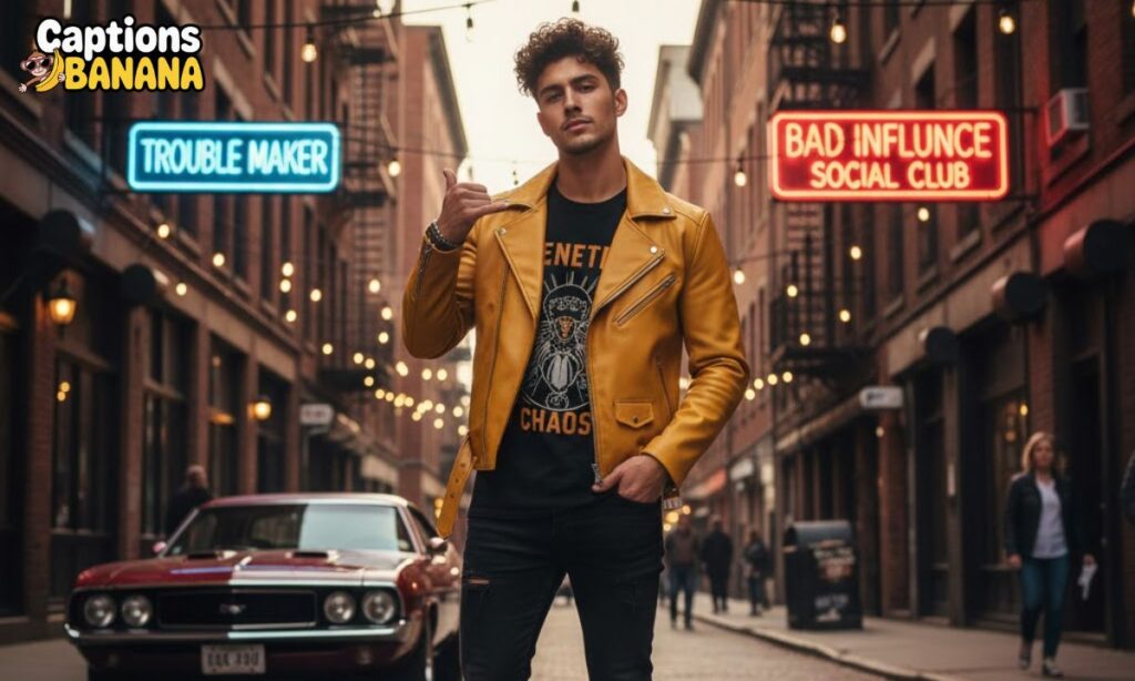 Stylish young man standing confidently on a city street wearing a yellow leather jacket, classic streetwear vibe perfect for Attitude Brother Captions For Instagram.