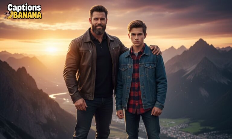 Two brothers standing tall on a mountain peak at sunset, overlooking a winding river and a sprawling valley below. Their confident poses and rugged outfits perfectly capture the essence of boldnes