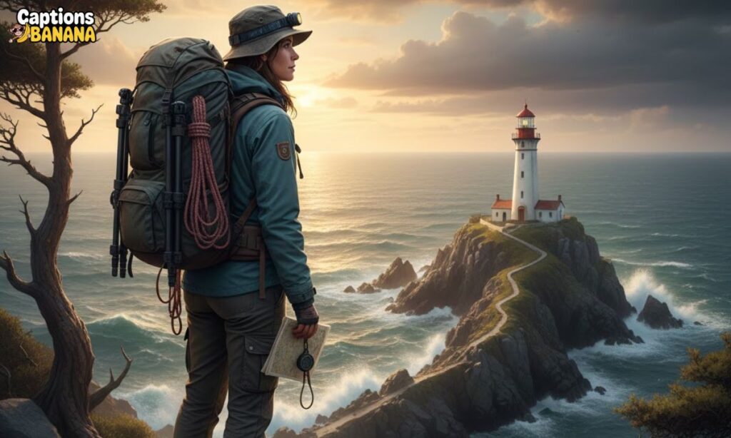 A hiker with a backpack and map standing on a rocky cliff overlooking the ocean at sunset, gazing at a lighthouse on a distant island — perfect for Adventure Lighthouse Captions for Coastal Explor