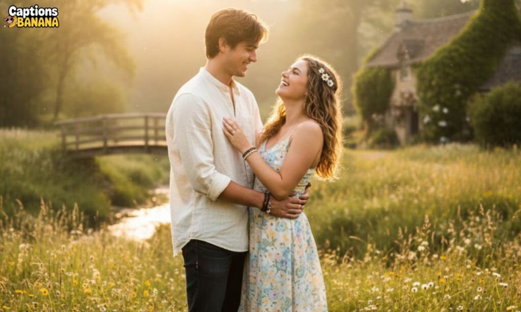 A romantic Mr and Mrs couple standing in a beautiful meadow during golden hour, smiling lovingly at each other — perfect inspiration for Mr And Mrs Couple Names For Instagram and couple profile ideas.