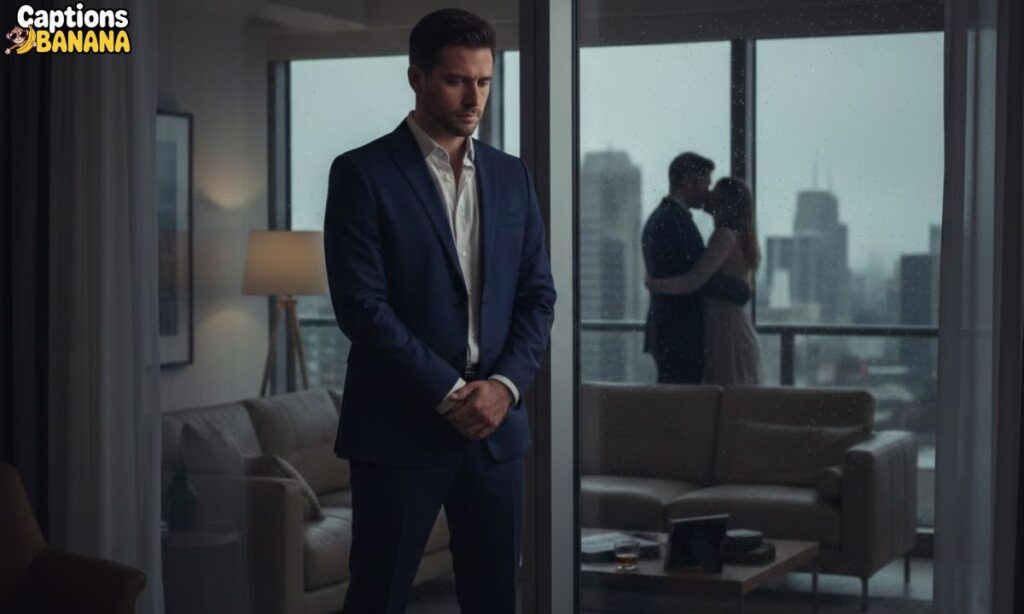 A well-dressed man stands alone by a glass window, looking thoughtful as a couple embraces in the background, reflecting emotional tension and desire, perfectly capturing the mood of Captions from