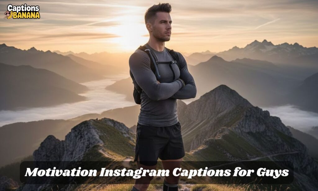 Confident man standing on a mountain at sunrise, representing motivation and strength—ideal for motivation Instagram captions for guys and the best Instagram captions.