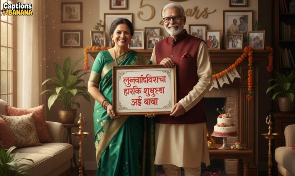 Happy Indian couple celebrating wedding anniversary at home, mom and dad holding a Marathi anniversary wishes frame, traditional decor, cake and family photos – Mummy Papa Anniversary Wishes in Marathi.