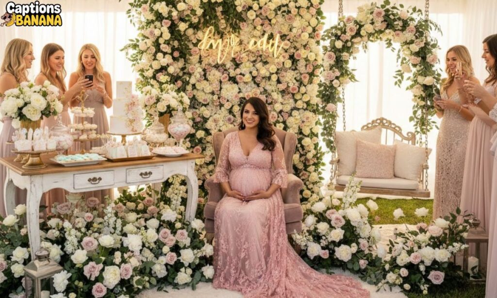 Instagram-Worthy Baby Shower Captions featuring a beautifully decorated outdoor baby shower with a glowing mom-to-be in a blush pink gown, elegant floral arches, pastel desserts, and smiling guest