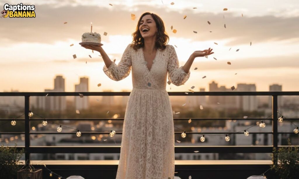 A woman joyfully celebrating her birthday on a rooftop with cake and confetti at sunset, perfect for Short Birthday Captions for Yourself.